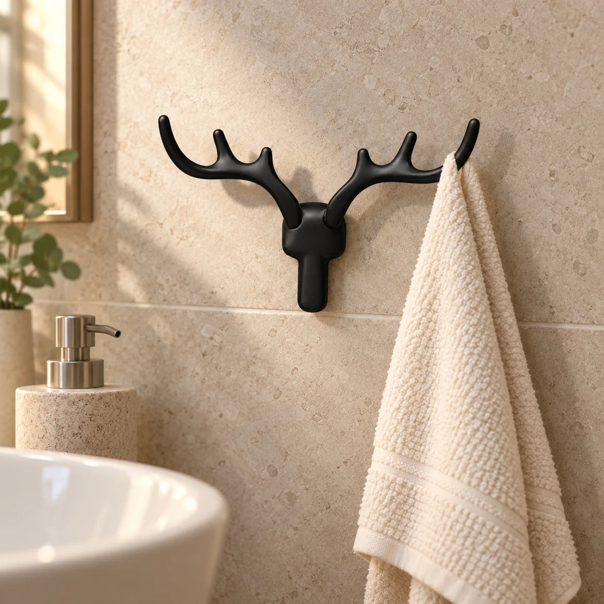 Patère cerf noire portant une serviette dans une salle de bain