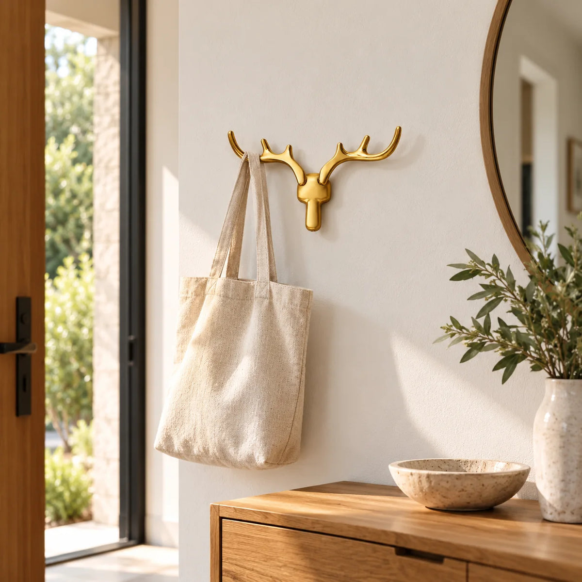 Patère cerf dorée portant un sac en toile dans une entrée