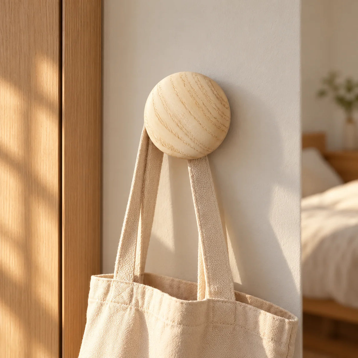 Patère ronde en bois clair portant un sac dans une chambre