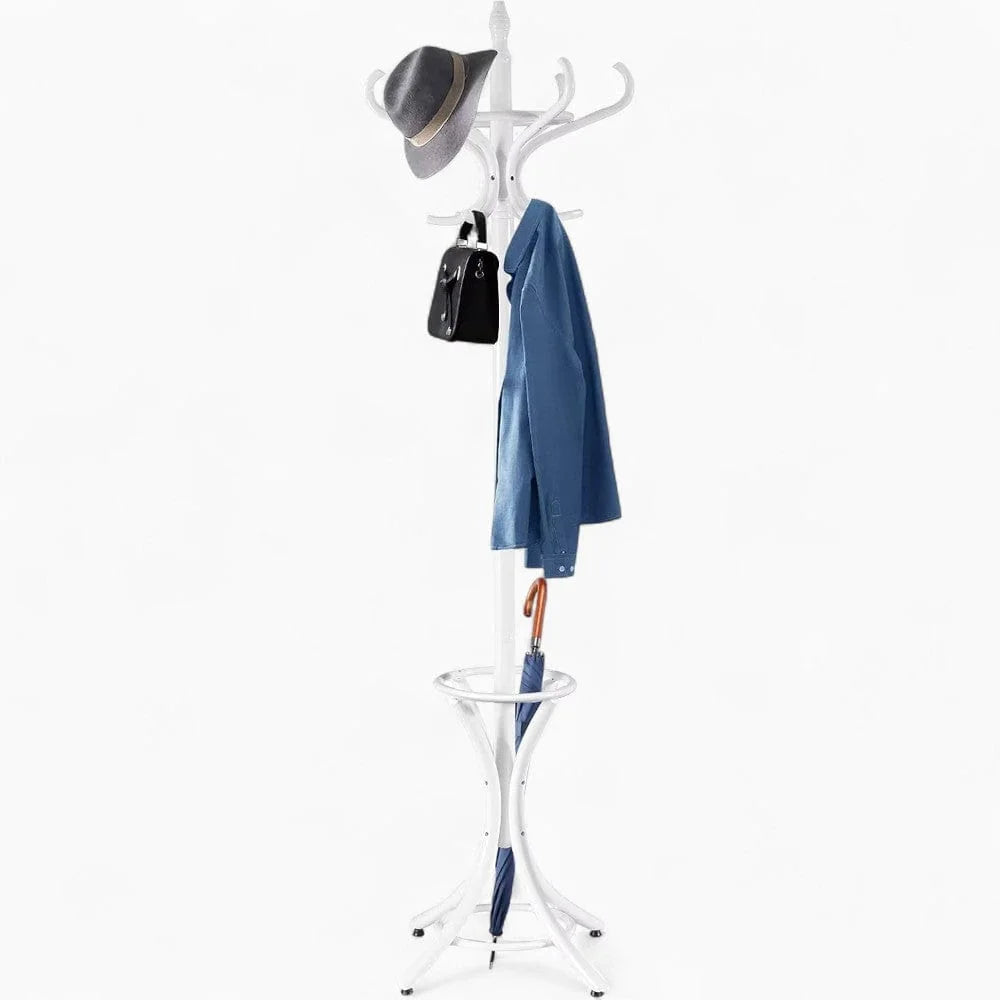 Photo originale du porte-manteau perroquet blanc avec manteau et accessoires