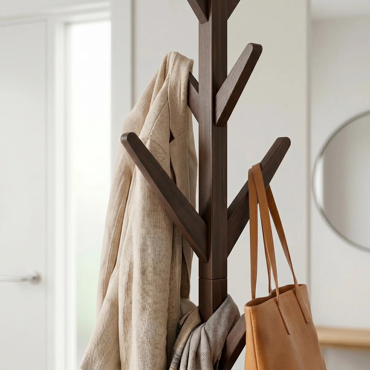 Gros plan des branches et crochets du porte-manteau arbre en bois foncé