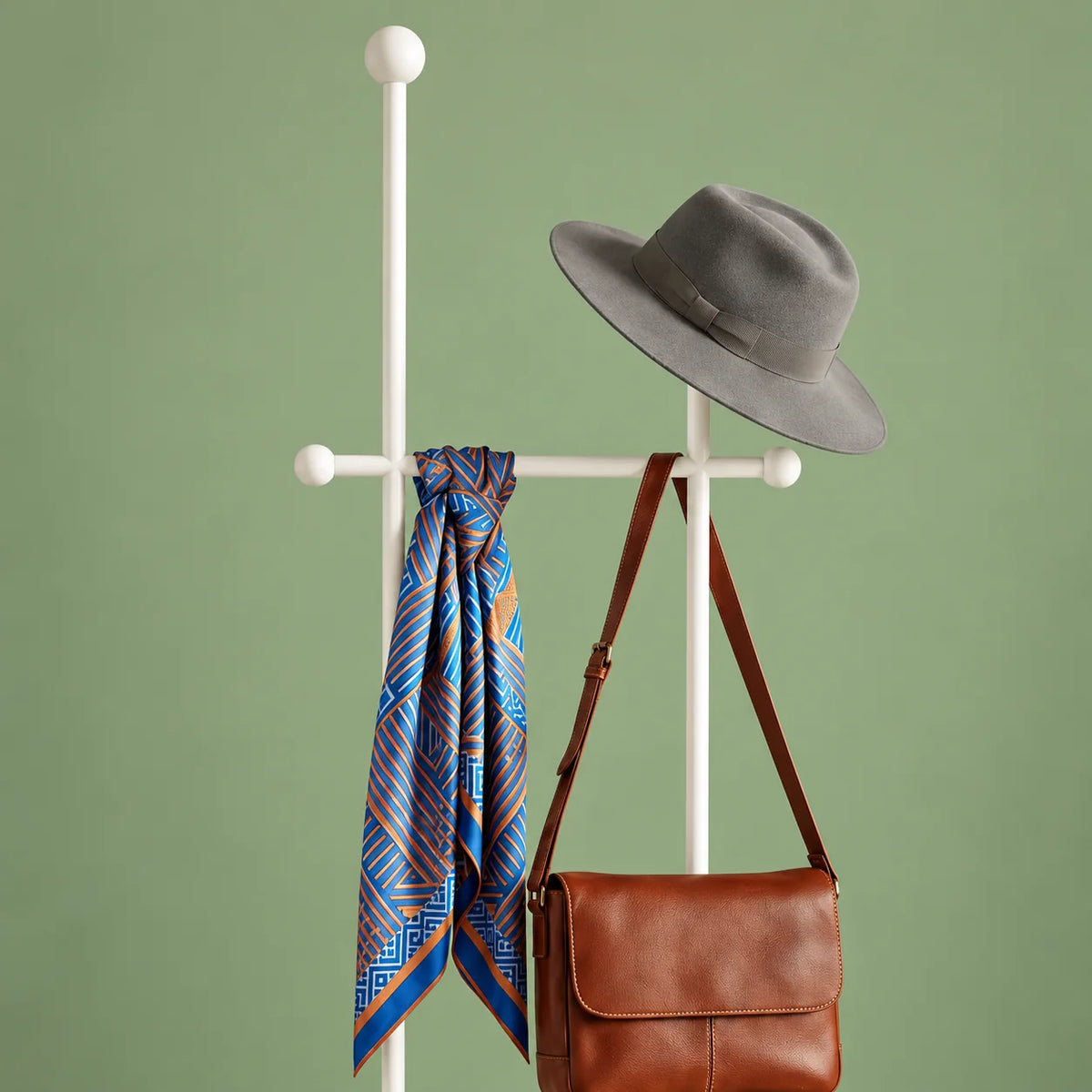Détail des montants blancs, de la traverse à boules, du chapeau gris, du foulard et du sac brun sur fond vert sauge