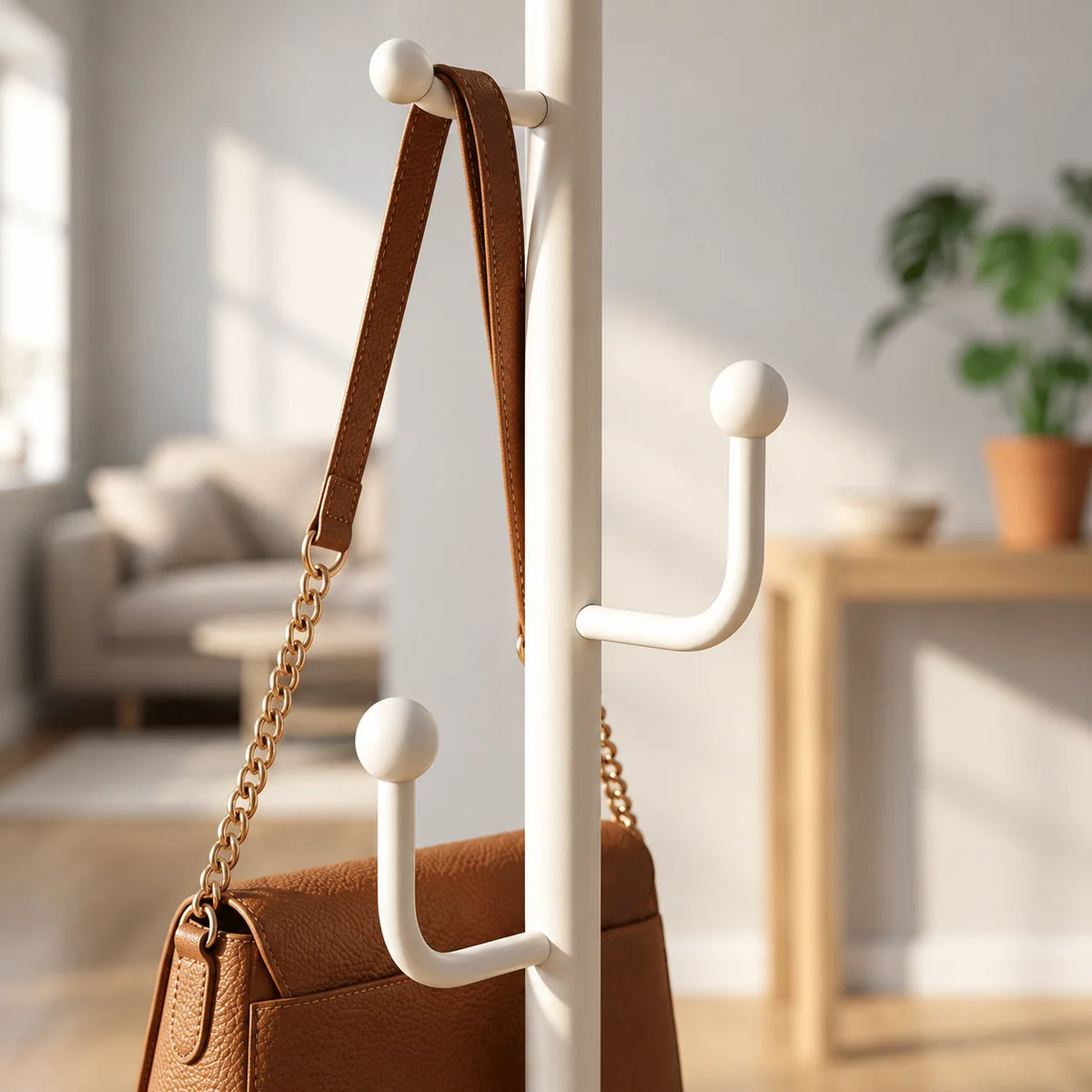 Détail des crochets blancs à embouts ronds avec sac suspendu
