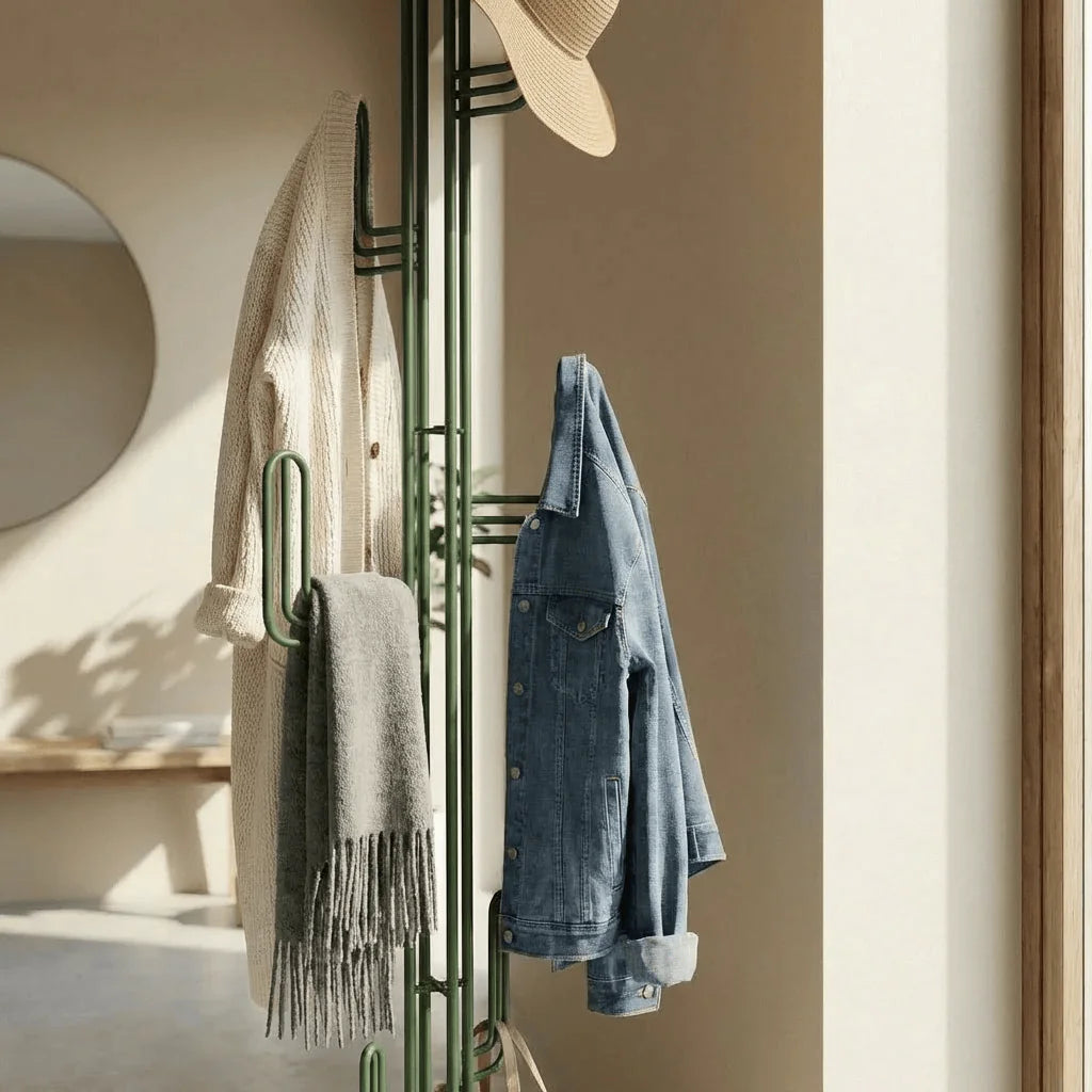 Détail des crochets du porte-manteau cactus vert avec veste et écharpe