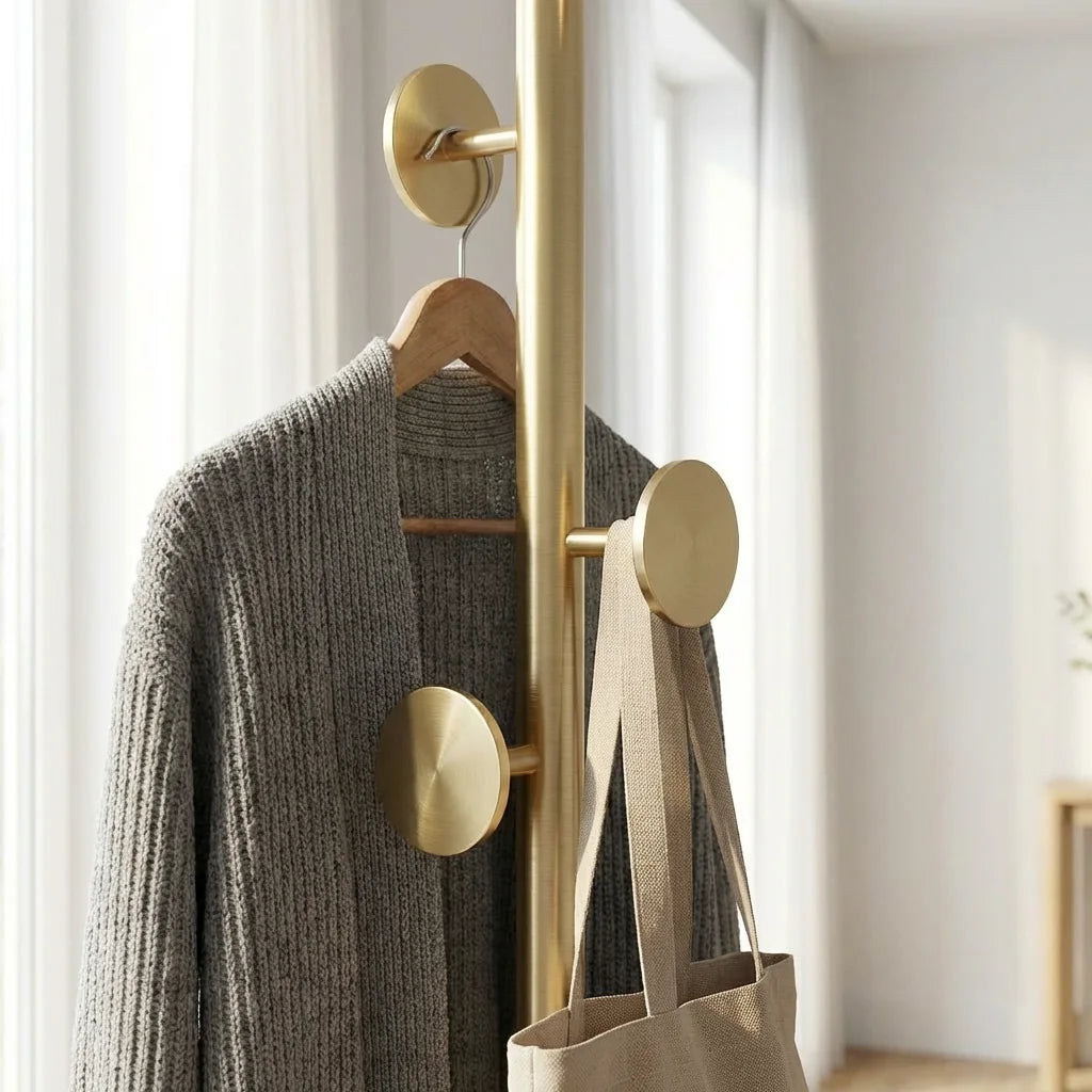 Gros plan des crochets ronds dorés avec vêtement et sac suspendus
