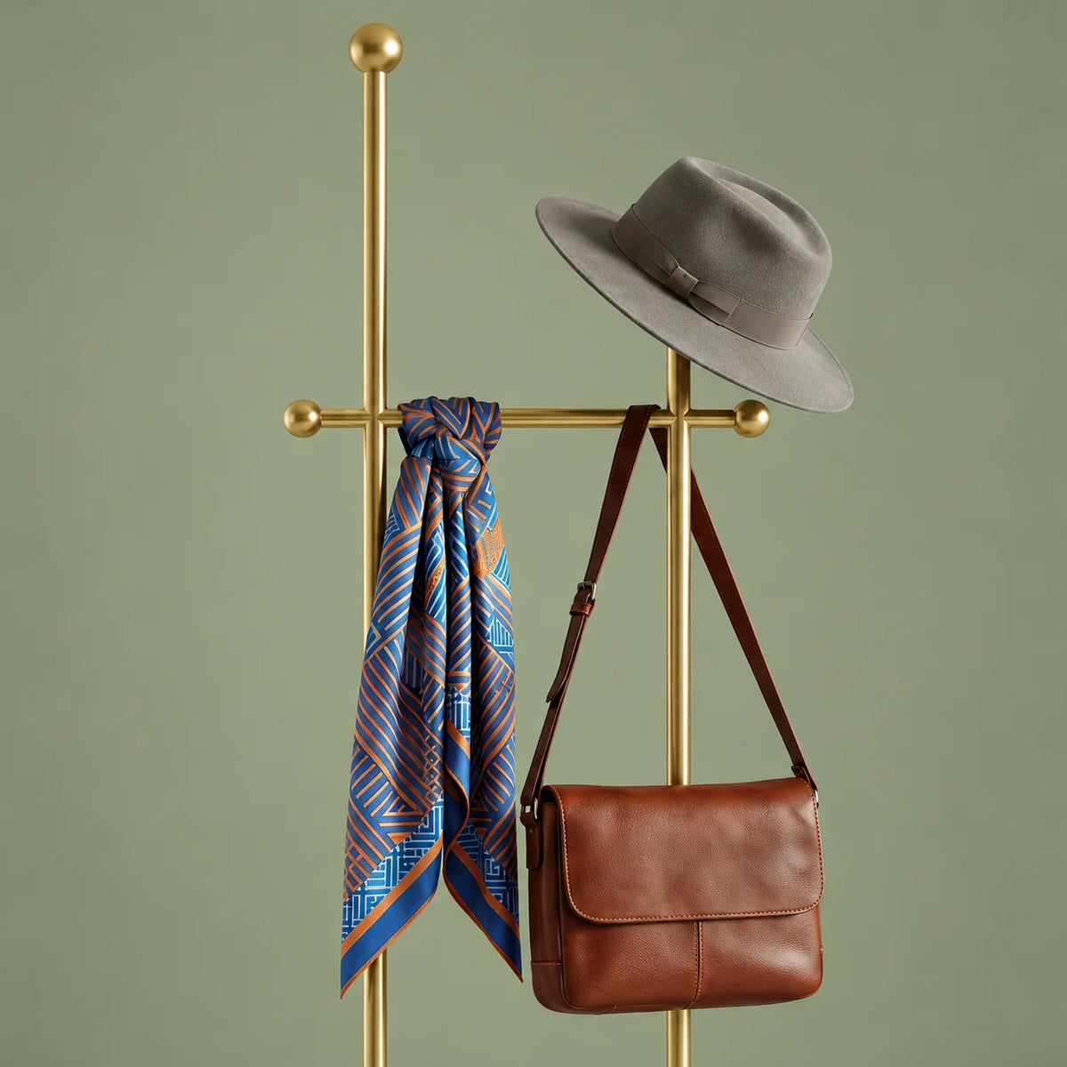 Détail des montants dorés, de la traverse à boules, du chapeau gris, du foulard et du sac brun sur fond vert sauge