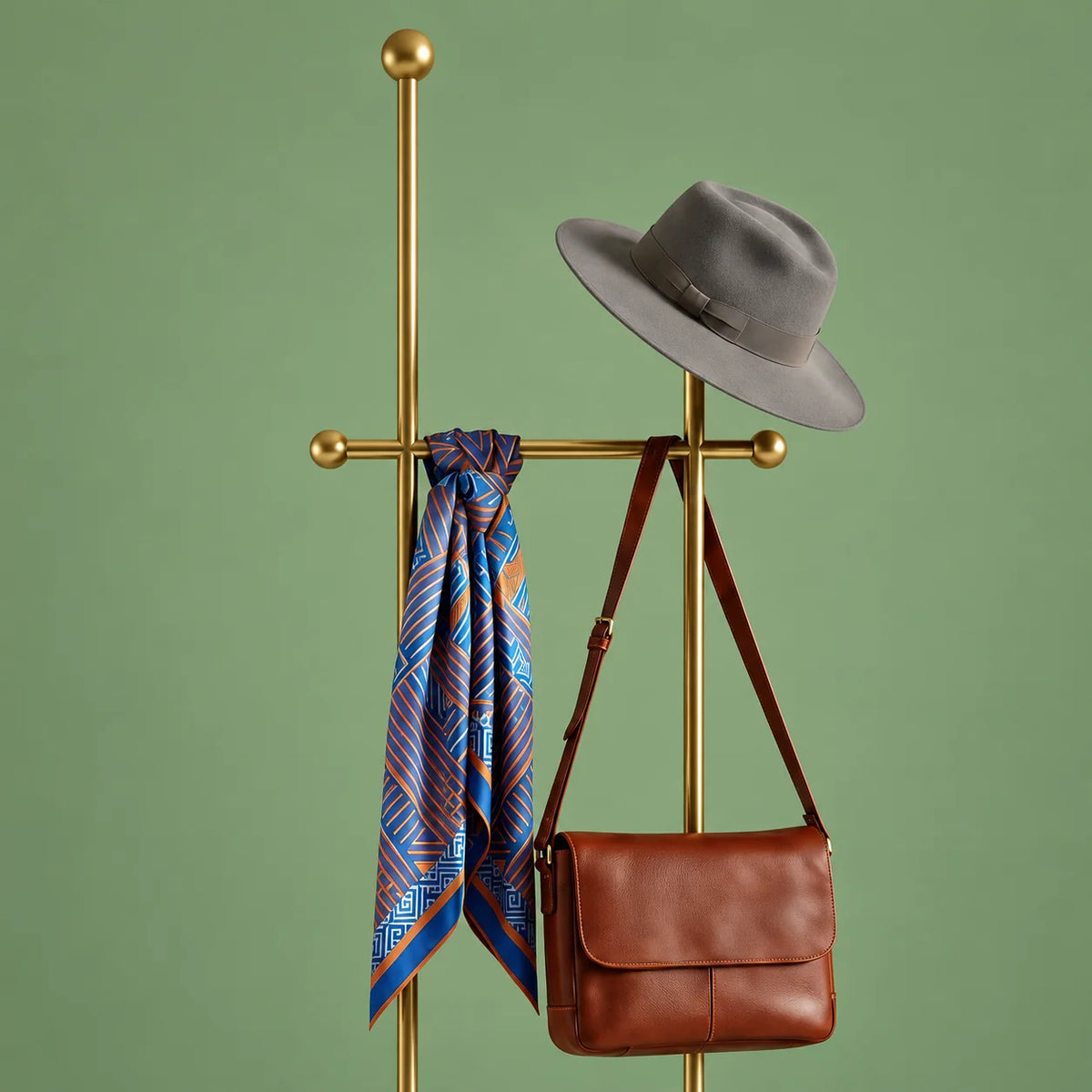 Détail des montants dorés, de la traverse à boules, du chapeau gris, du foulard et du sac brun sur fond vert sauge