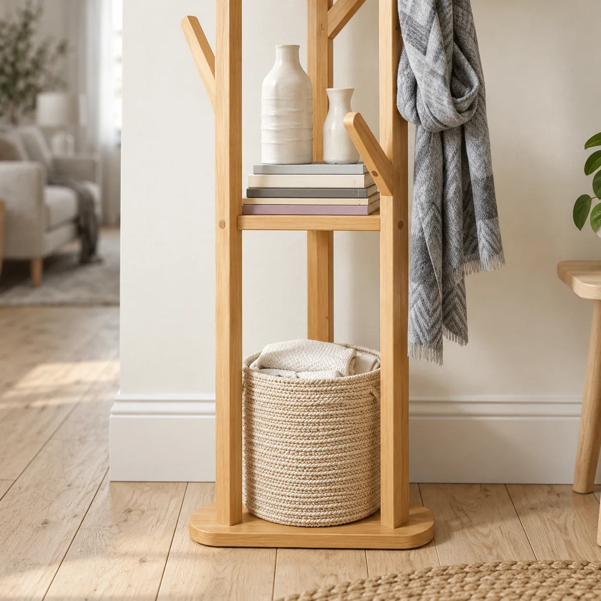 Gros plan de l'étagère basse, du panier tressé et du socle du porte-manteau en bois clair