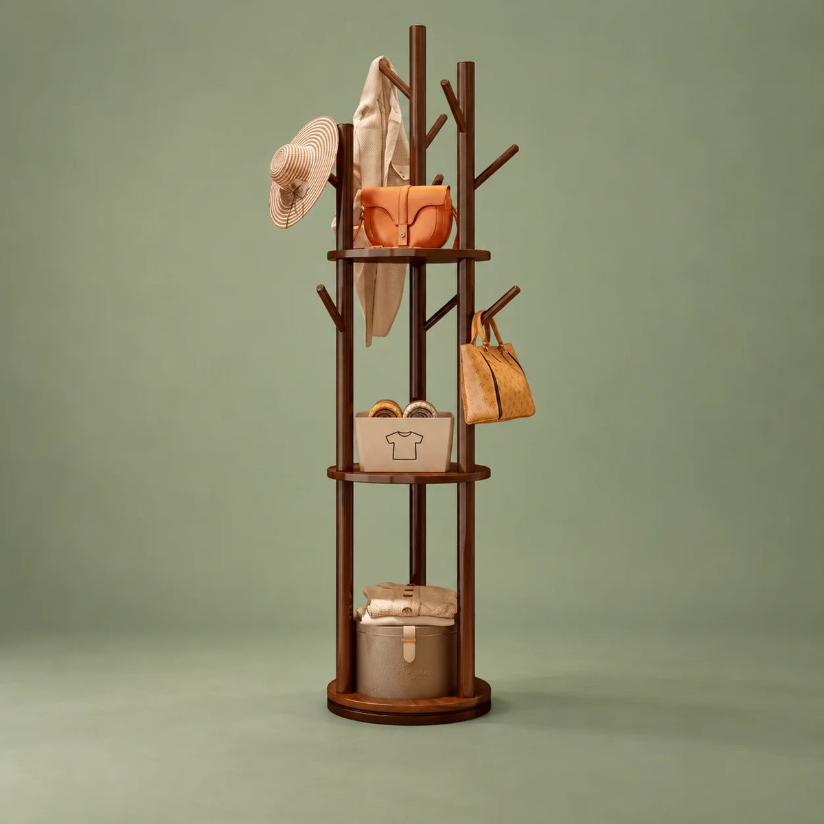 Porte-manteau grande branche en bois foncé, vue entière sur fond vert