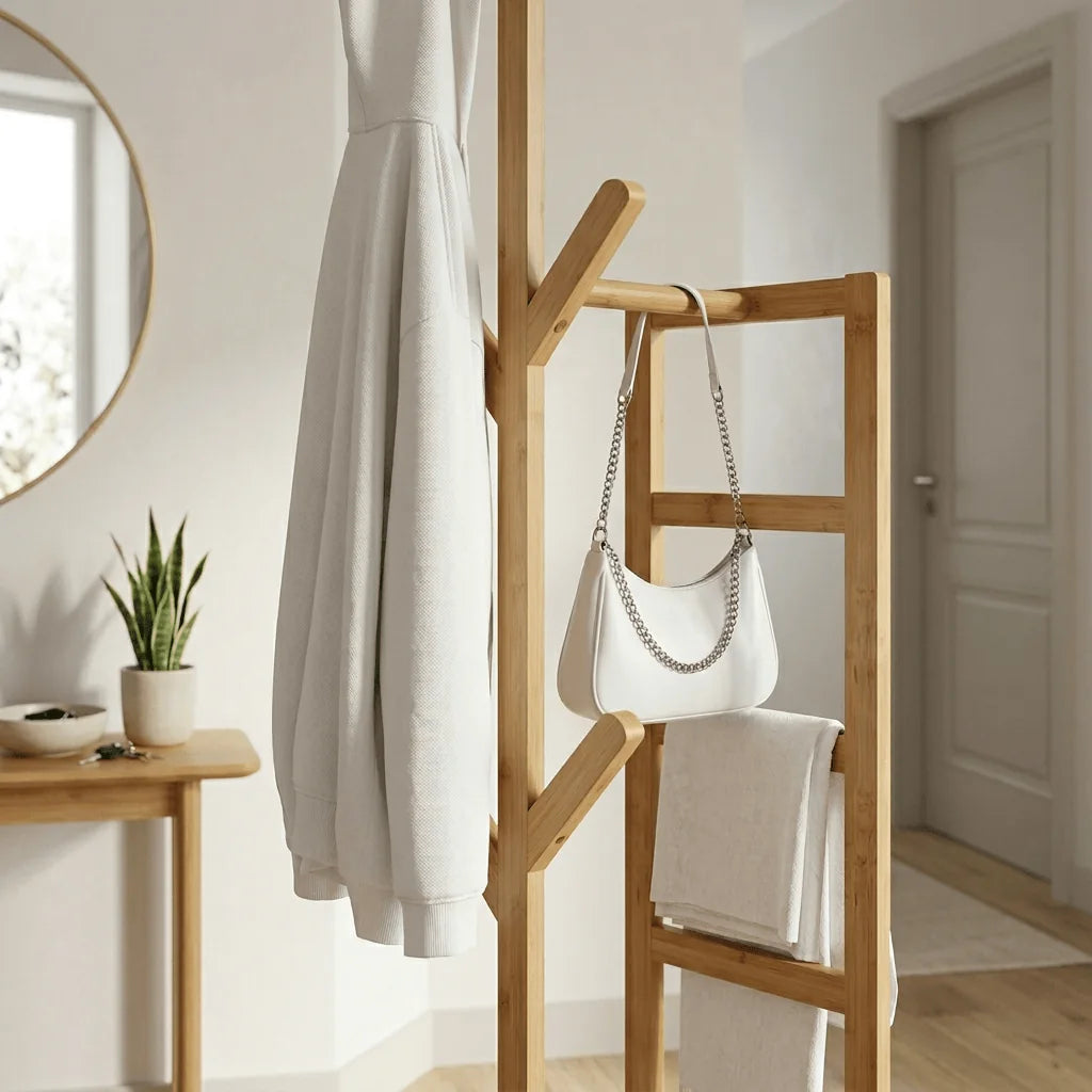 Détail des crochets et du cadre de suspension du porte-manteau en bois clair