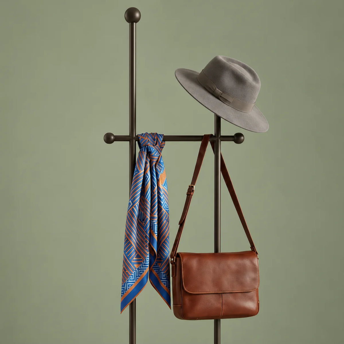 Détail des montants noirs, de la traverse à boules, du chapeau gris, du foulard et du sac brun sur fond vert sauge