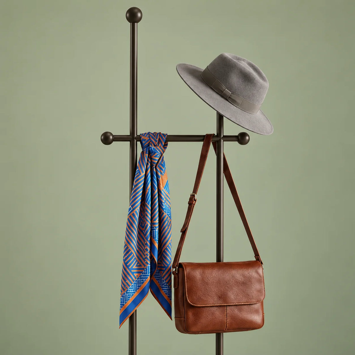 Détail des deux montants noirs, de la traverse à boules, du chapeau gris, du foulard et du sac brun sur fond vert sauge
