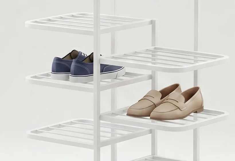 Détail des étagères décalées et des chaussures bleu marine et mocassins beiges