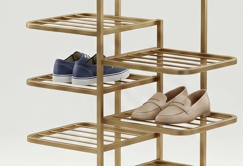 Détail des étagères décalées et des chaussures bleu marine et mocassins beiges