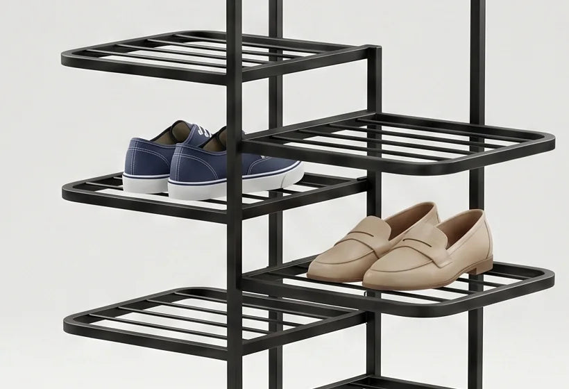 Détail des étagères décalées et des chaussures bleu marine et mocassins beiges