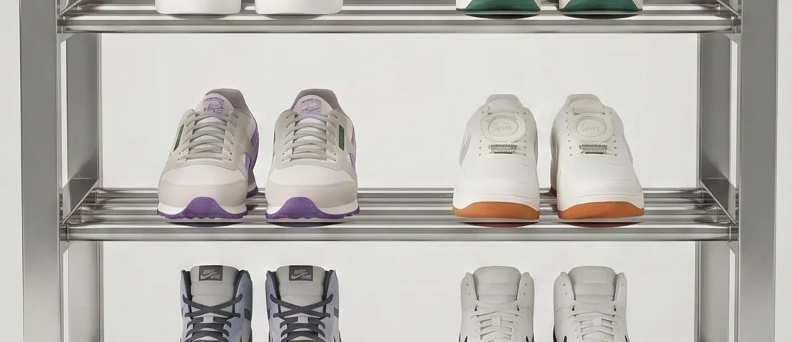 Détail du niveau central avec baskets gris lilas et blanches à semelle orange