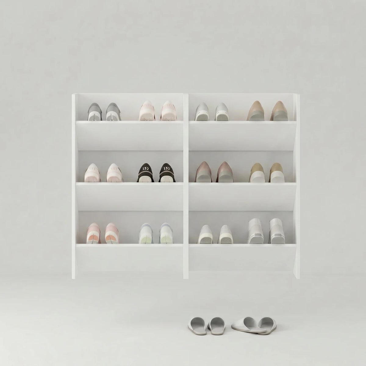 Rangement mural blanc à six compartiments ouverts pour chaussures