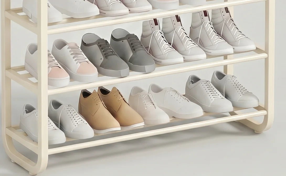 Détail des niveaux inférieurs avec chaussures grises, blanches et beiges sur la structure blanc ivoire