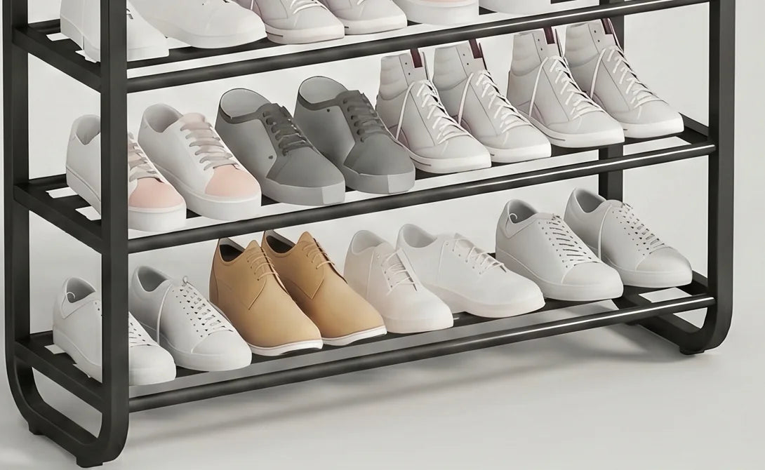 Détail des niveaux inférieurs avec chaussures grises, blanches et beiges sur la structure noire