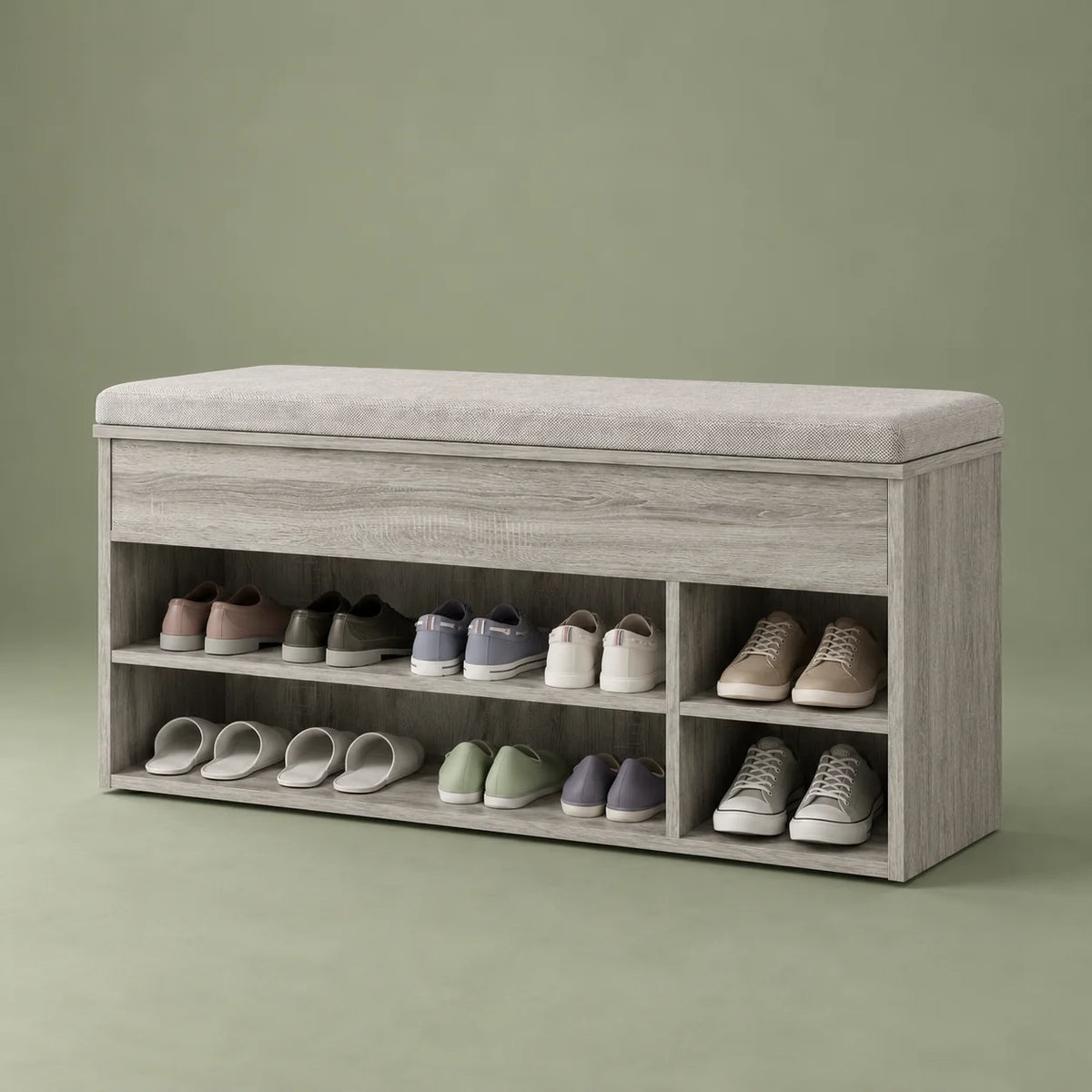 Vue de trois quarts droite du banc à chaussures en bois gris sur fond vert sauge