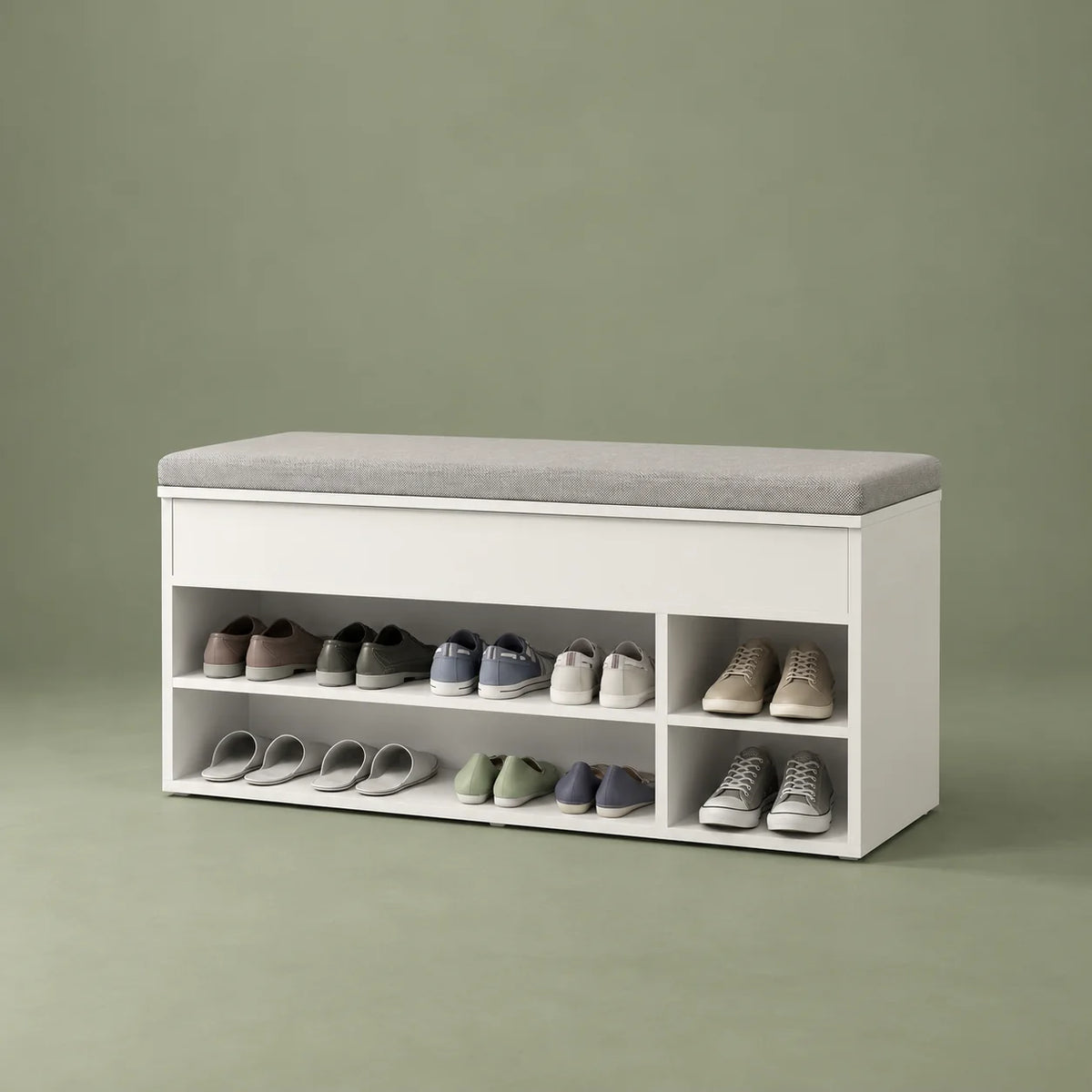 Vue de trois quarts droite du banc à chaussures blanc sur fond vert sauge