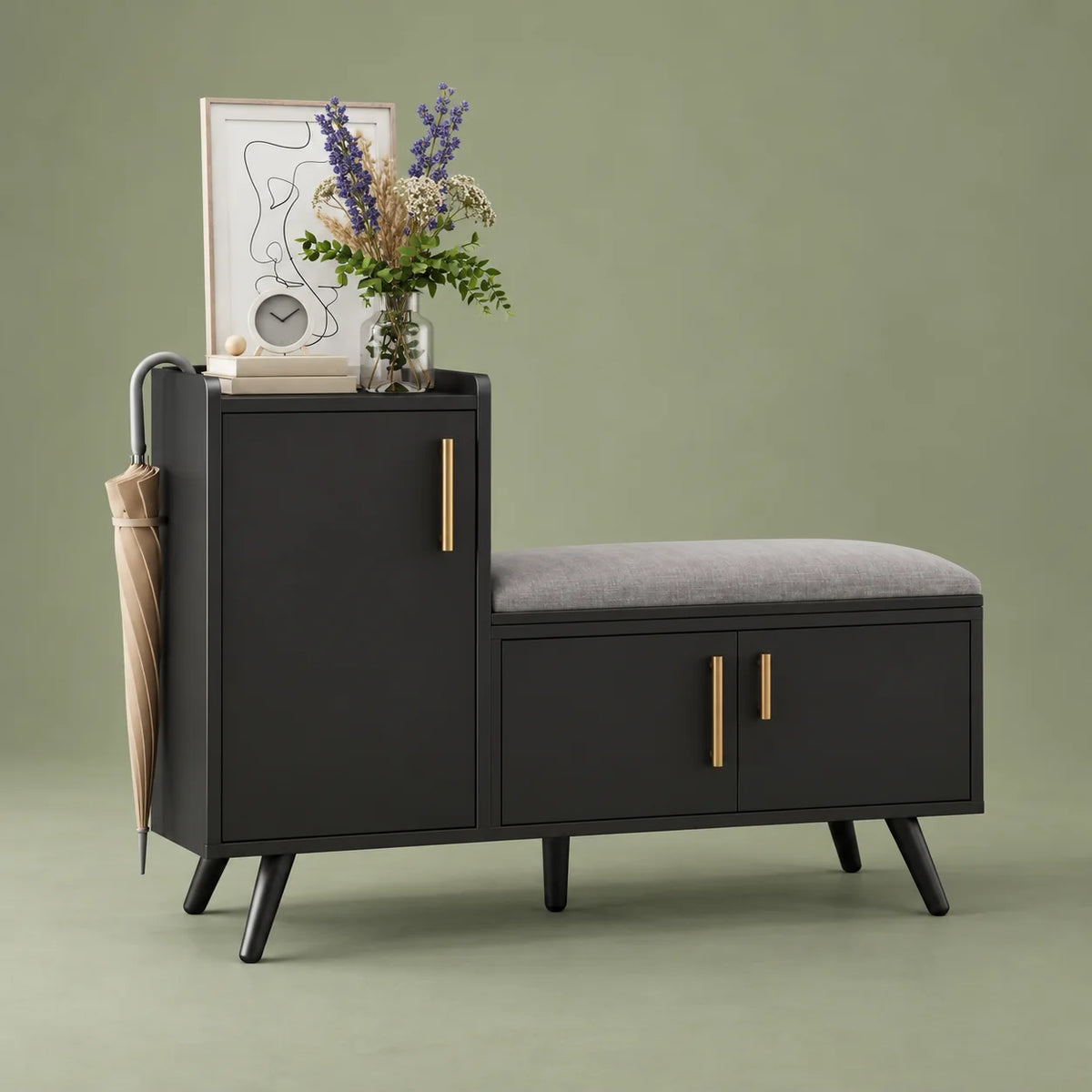 Vue de trois quarts du meuble noir avec placard, porte-parapluie et banc gris