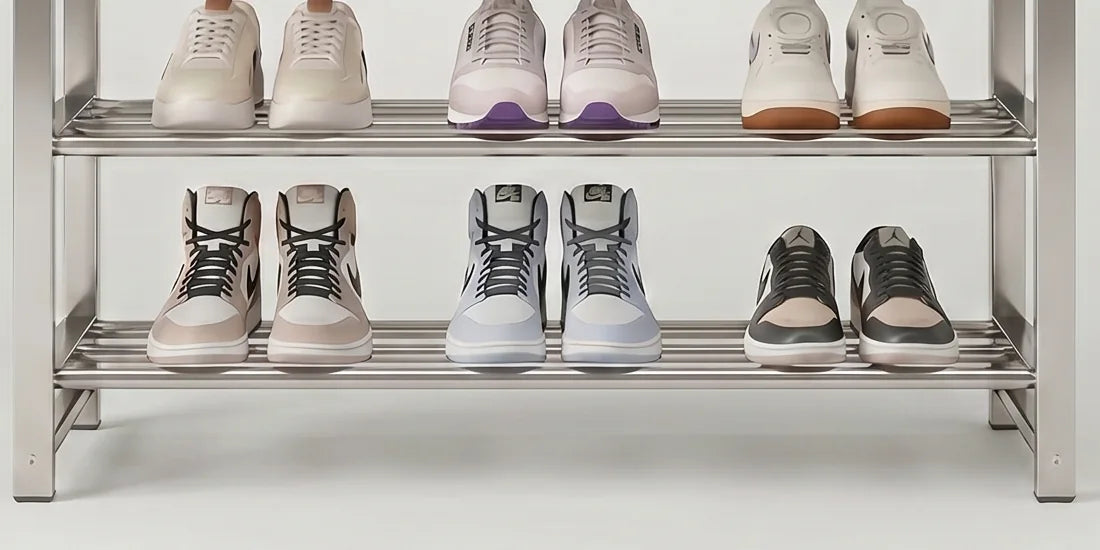 Détail du niveau inférieur du meuble argenté avec chaussures montantes beige, bleu gris et noires