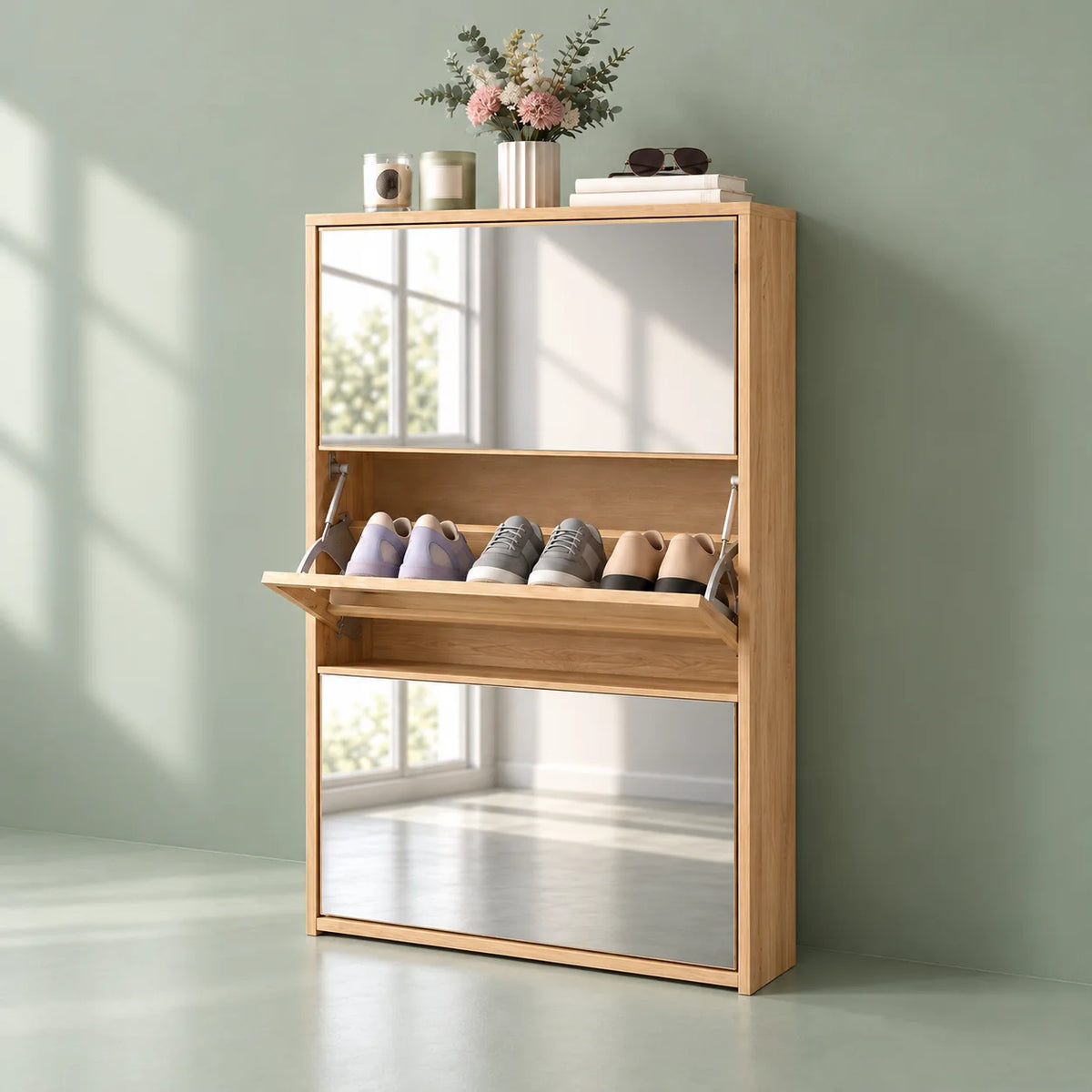 Vue de trois quarts droite du meuble à chaussures en bois clair et miroirs sur fond vert sauge
