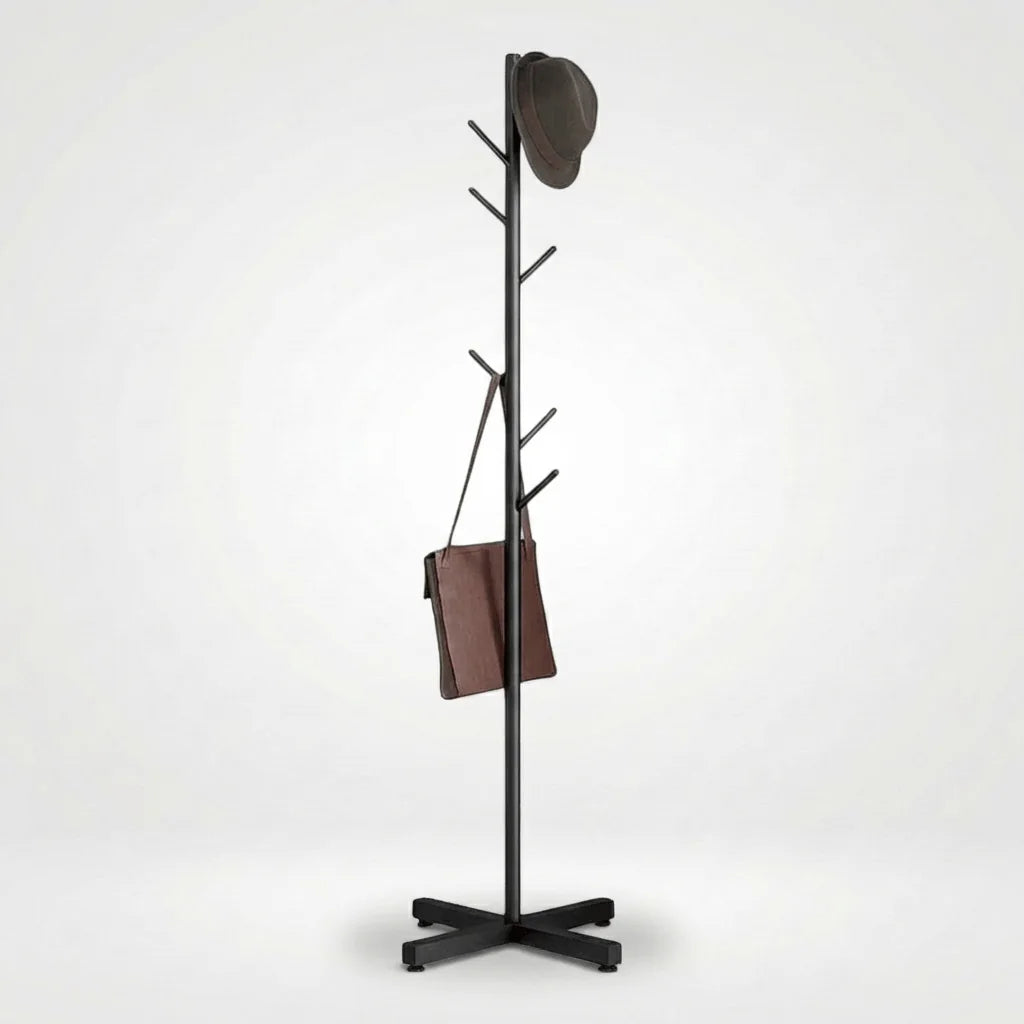 Photo originale du porte-manteau arbre noir avec sac, chapeau et base croisée