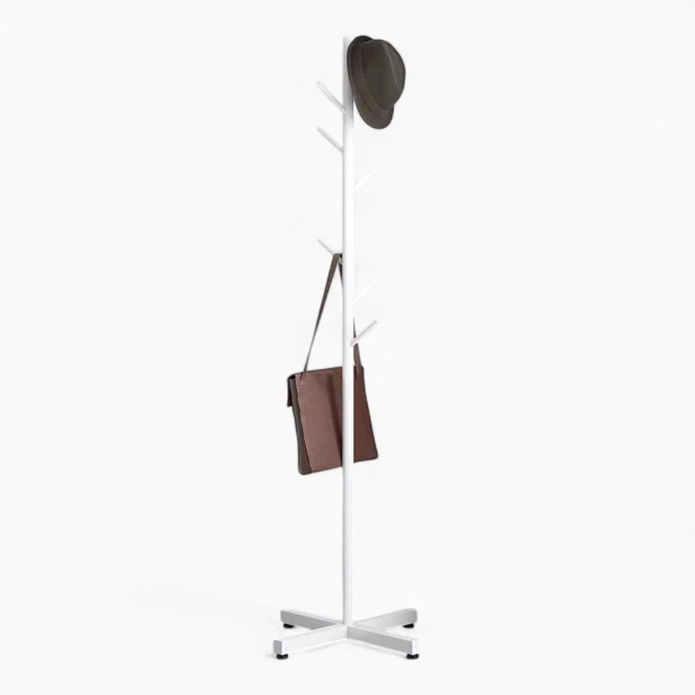 Photo originale du porte-manteau arbre blanc à base croisée avec chapeau et sac