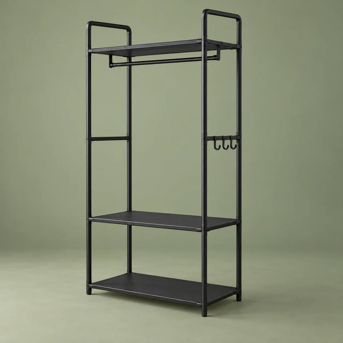 Structure complète du porte-manteau meuble noir sans roulettes sur fond vert sauge