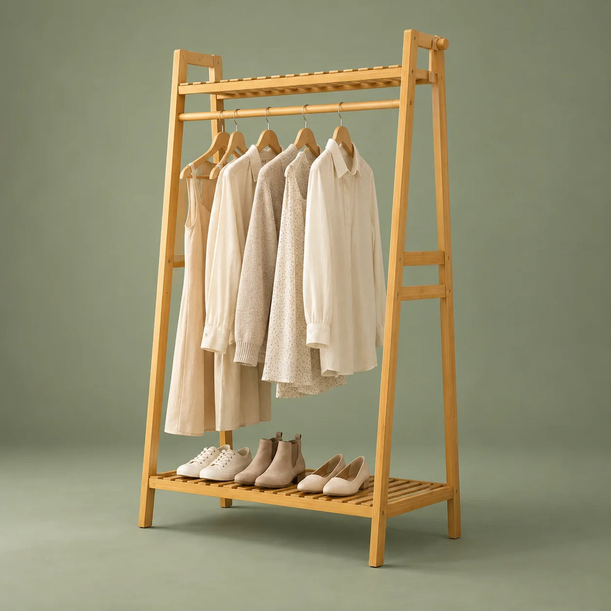 Dressing en bois clair garni de vêtements, vue de trois quarts sur fond vert sauge