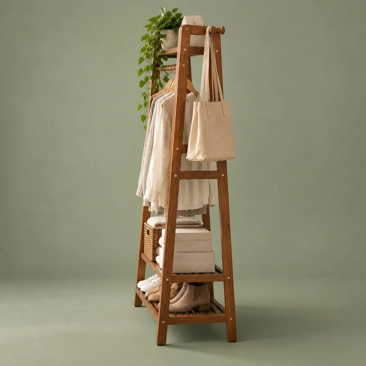 Portant dressing bois vue de profil forme en A