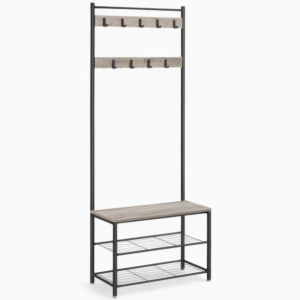 Vue originale du meuble d’entrée beige et noir vide, avec deux étagères grillagées
