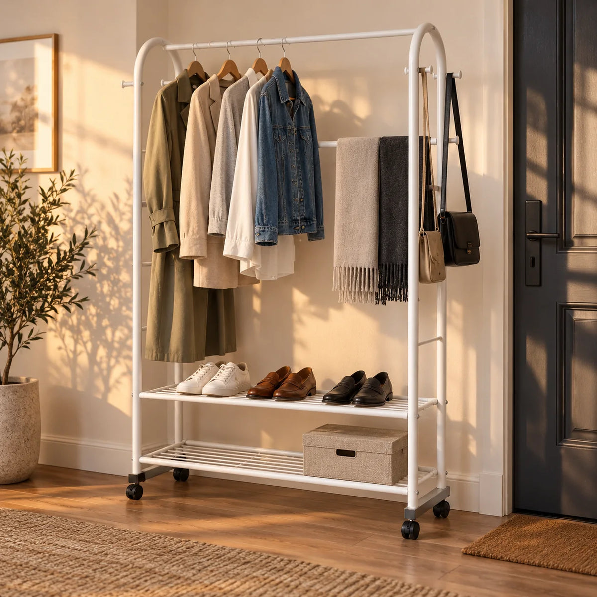 Portant blanc Luxe dans une entrée éclairée en fin de journée, avec vêtements et chaussures
