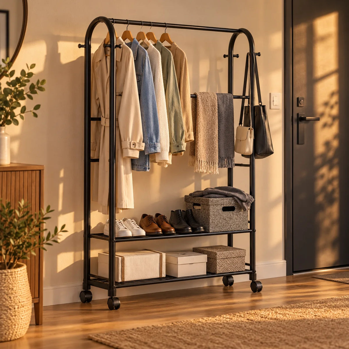 Portant noir Luxe dans une entrée éclairée en fin de journée, avec vêtements et chaussures