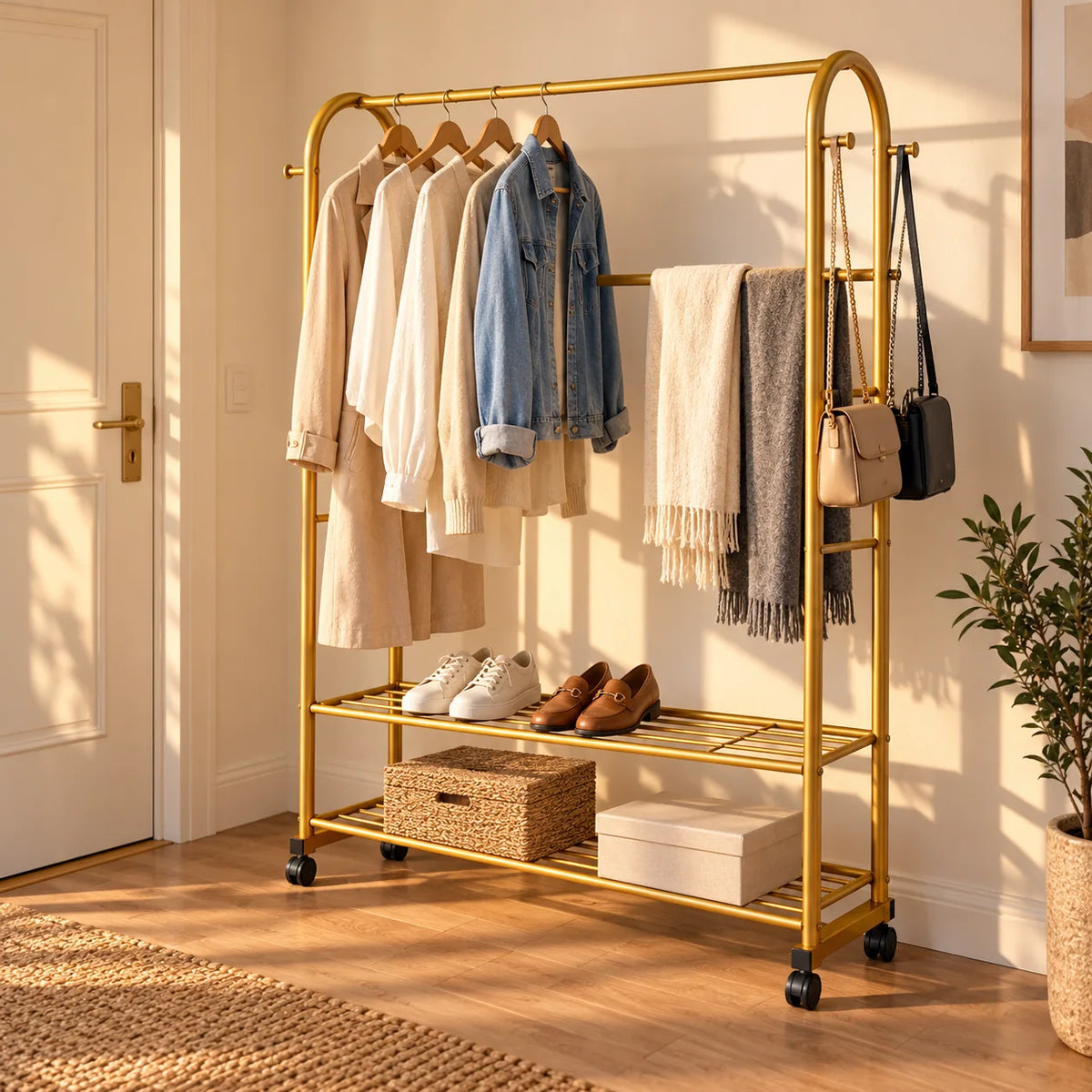 Portant doré Luxe Or contre un mur d’entrée en lumière chaude, avec vêtements et chaussures