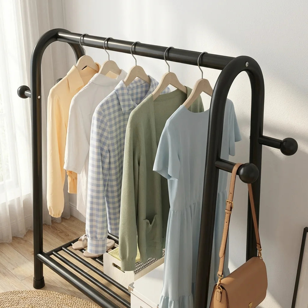 Détail du mini dressing noir avec vêtements suspendus et sac