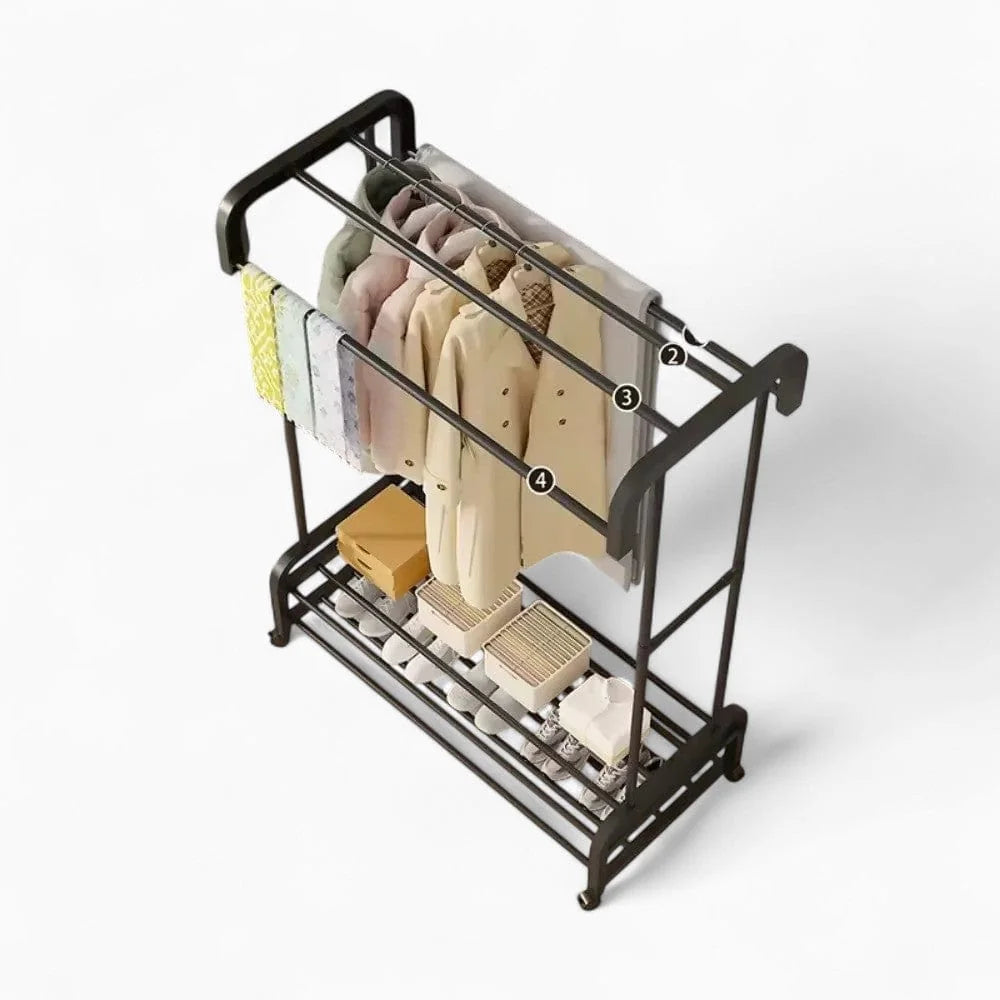 Penderie mobile noire vue en plongée avec ses rangements