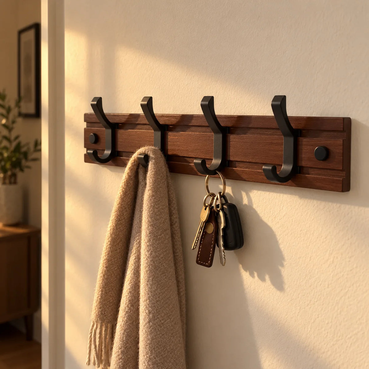 Porte-manteau mural foncé avec écharpe et clés dans un couloir ensoleillé