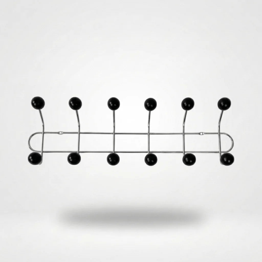 Photo originale du porte-manteau mural chromé à six bras et douze boules noires
