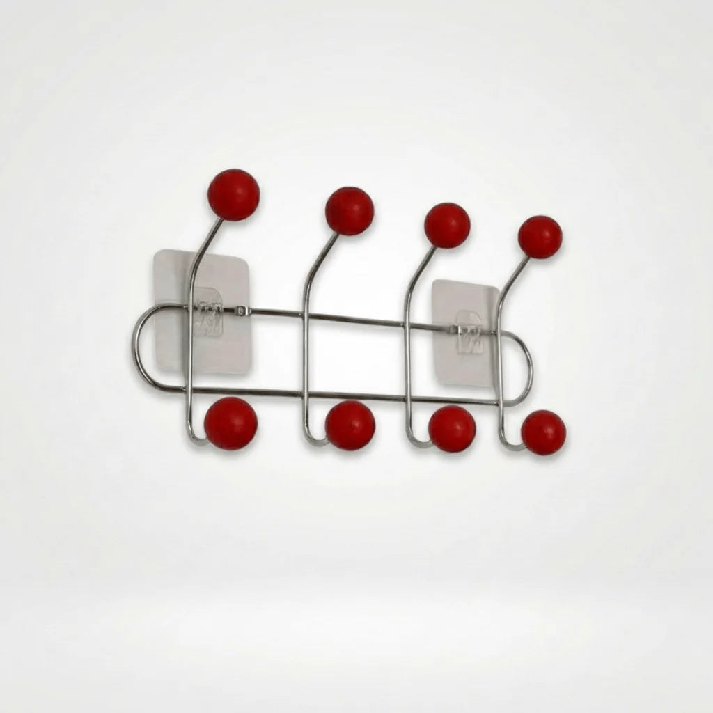 Photo originale du porte-manteau mural à huit boules rouges et deux fixations transparentes