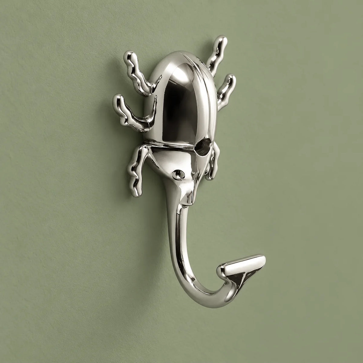Patère insecte argent vue entière sur fond vert sauge