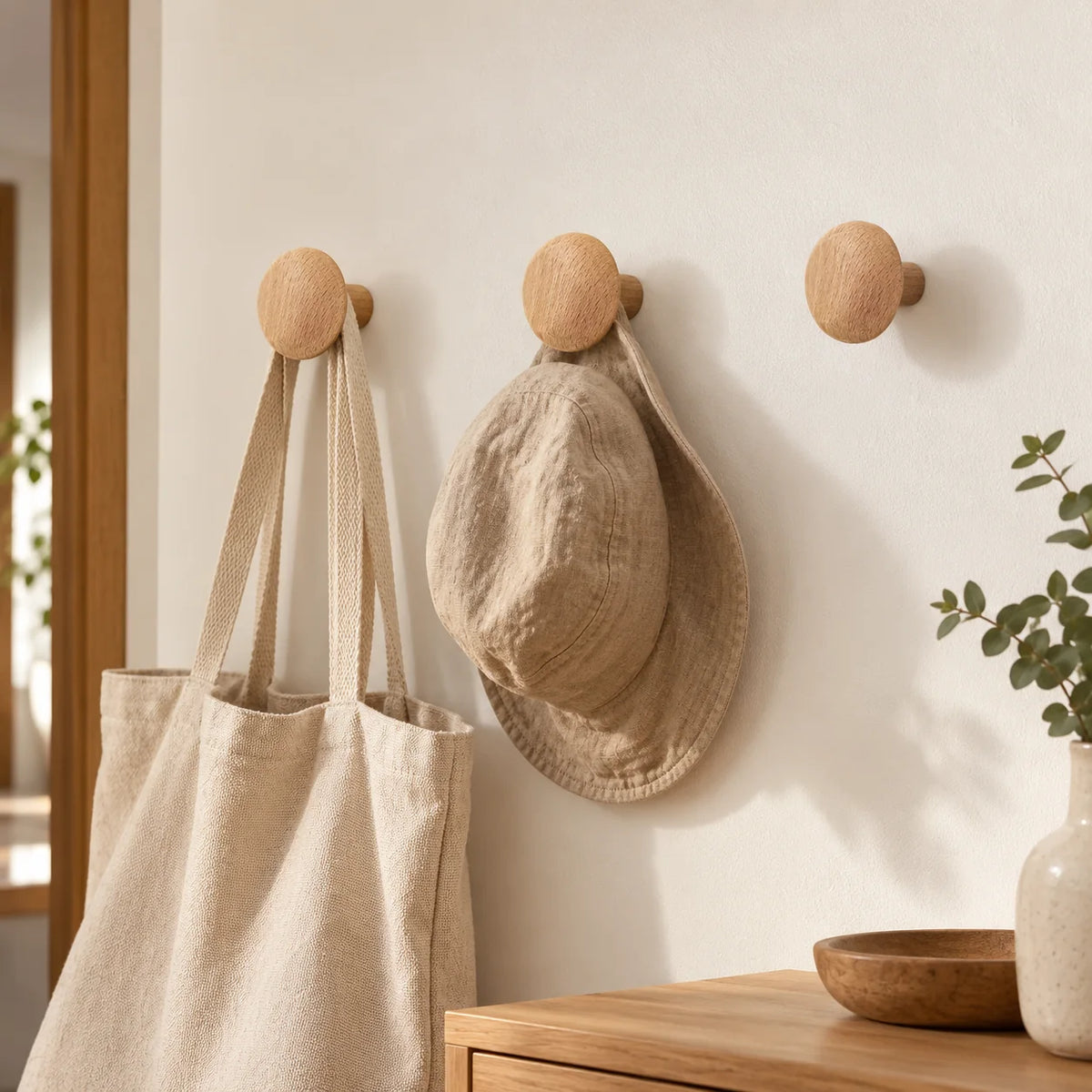 Patères rondes en bois naturel avec sac et chapeau sur mur clair