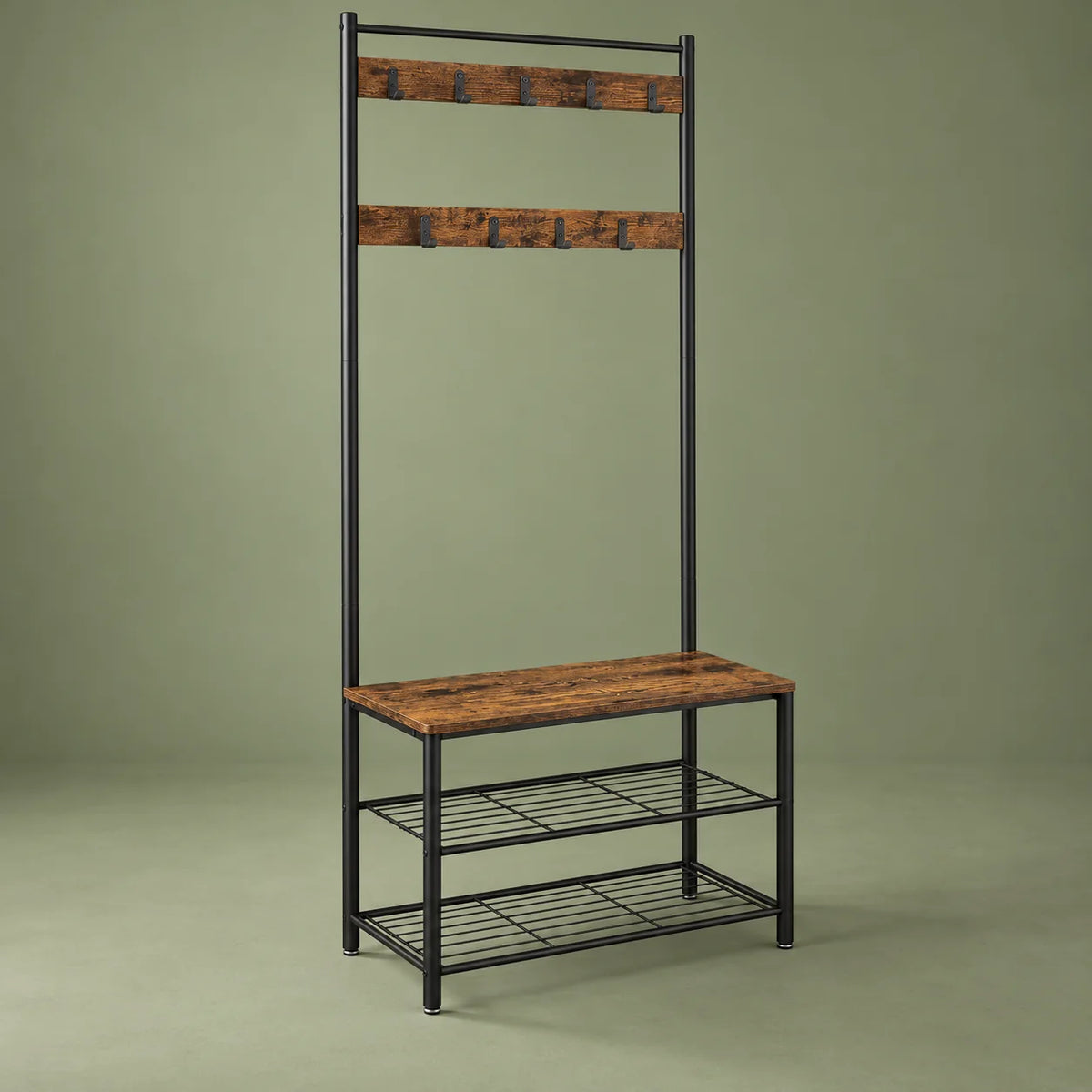 Porte-manteau banc complet avec deux étagères, bois brun foncé sur fond vert
