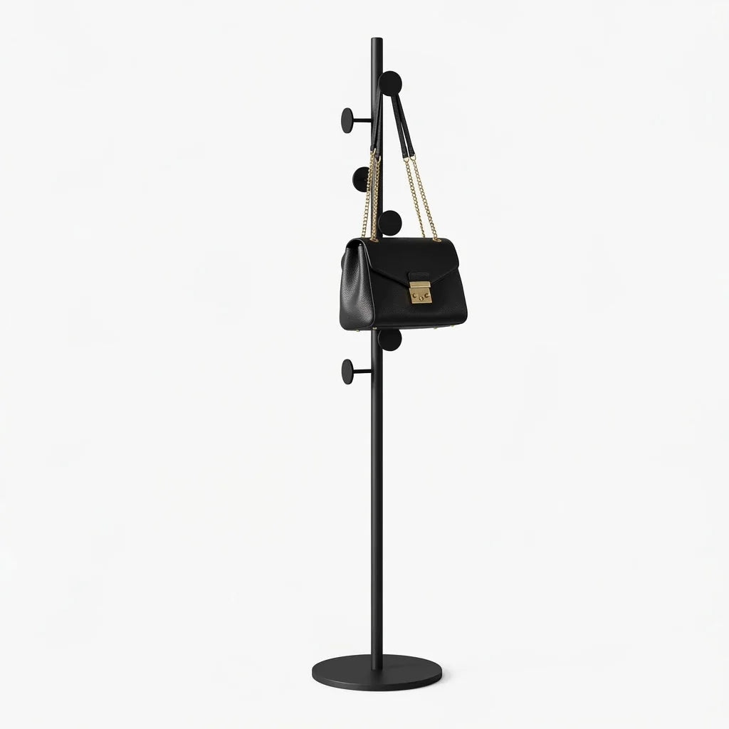 Photo originale du porte-manteau champignon noir à base noire avec sac suspendu