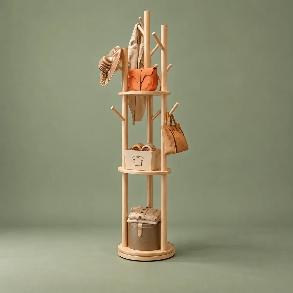 Porte-manteau en bois clair vu de trois quarts avec ses étagères rondes sur fond vert sauge