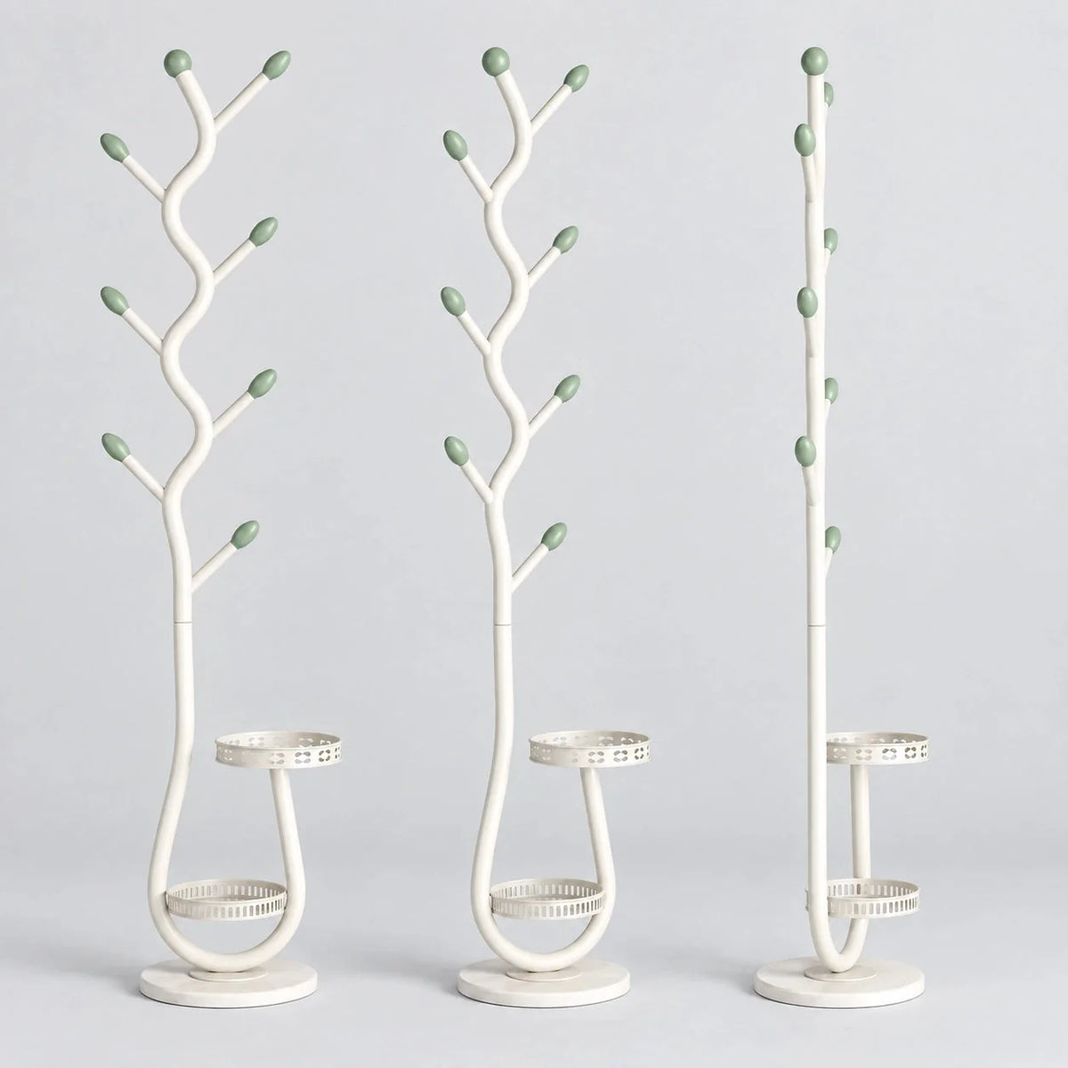 Porte-manteau blanc avec rangements bas vu de face, de trois quarts et de profil