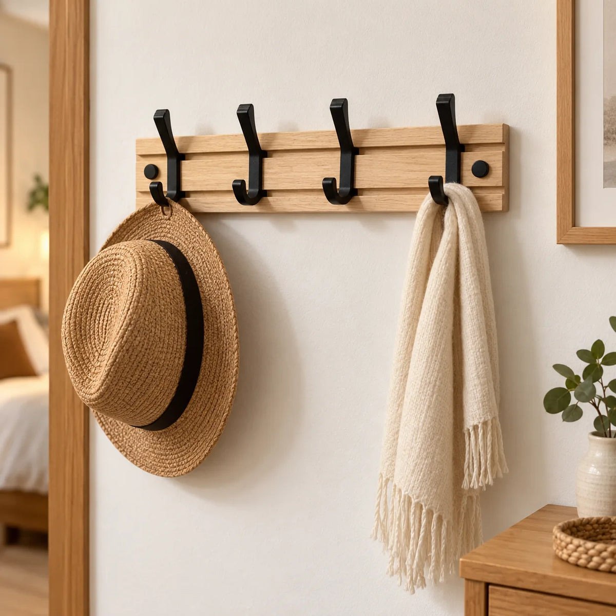 Porte-manteau mural en bambou avec chapeau et écharpe dans une chambre