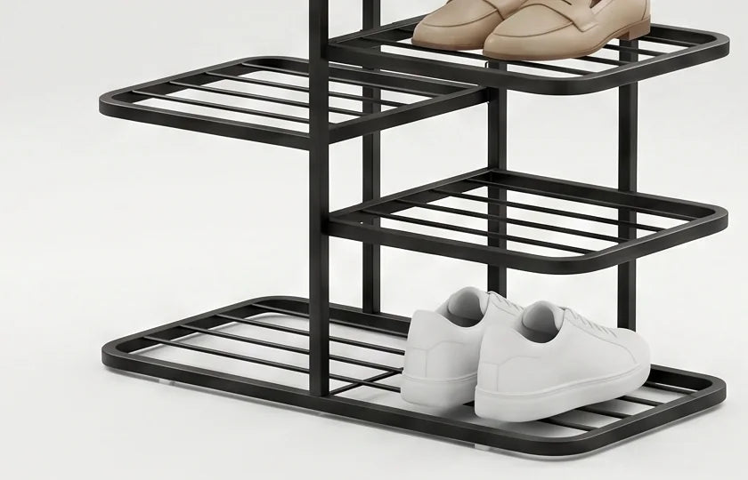 Détail de la base et des montants en fer noir avec chaussures blanches